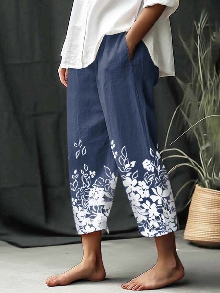 

Loose Floral Casual Pants, Dark blue, Pants