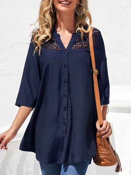

Lace Elegant Shirt Collar Blouse, Blue, Shirts & Blouses
