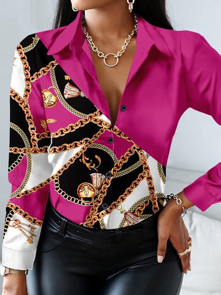 

Shirt Collar Regular Fit Urban Abstract Chain Blouse, Rose red, Blouses and Shirts