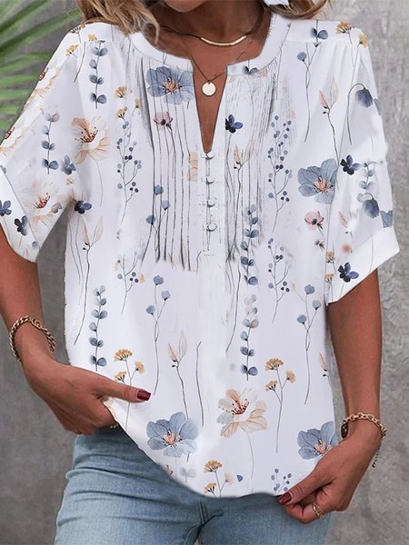 Womens Casual Notched Loose Shirt, White, Shirts & Blouses