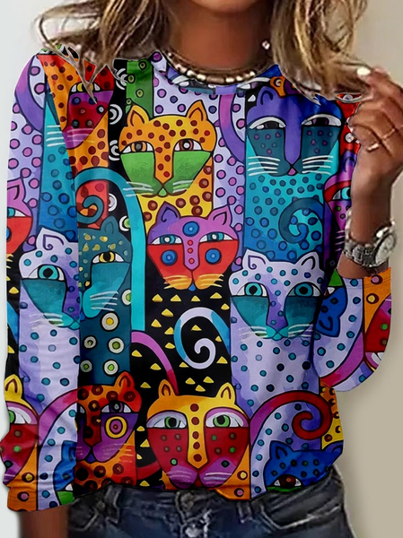 

Women'S Funny Cat Regular Fit Simple Floral Crew Neck Shirt, Multicolor, Long sleeves