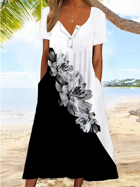 

Casual Loose Floral V Neck Dress With No Belt, Black-white, Dresses