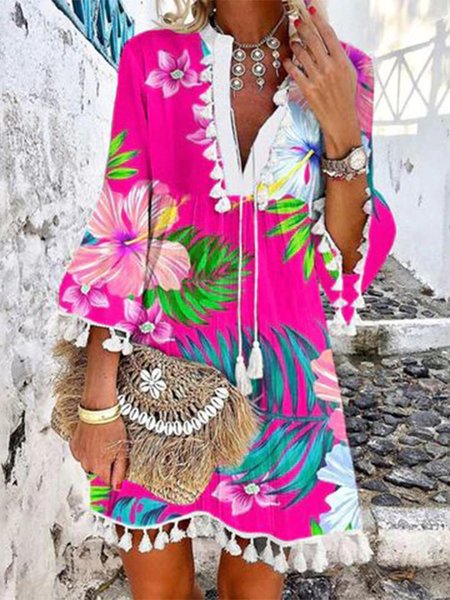

Elegant V Neck Floral Dress, Deep pink, Dresses