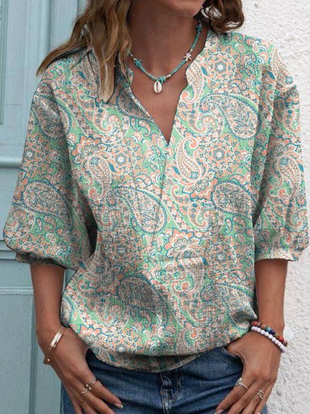

Cotton And Linen Casual Ethnic Loose Blouse, Green, Shirts & Blouses