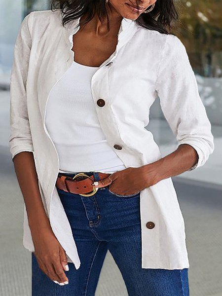 

Plus size Shirt Collar Plain Casual Outerwear, White, Jackets