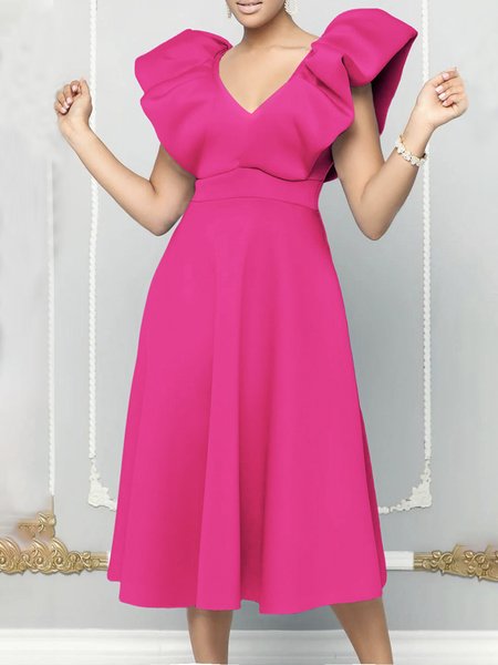 

Short sleeve V Neck Plain Elegant Dress, Rose red, Midi Dresses