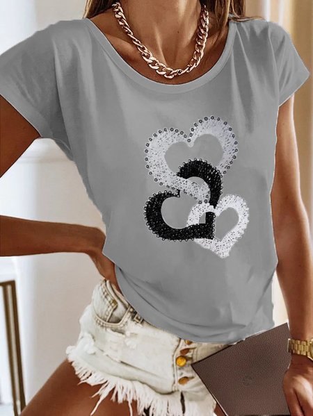 Heart/Cordate Loose Crew Neck Casual T-Shirt, Gray, T-shirts