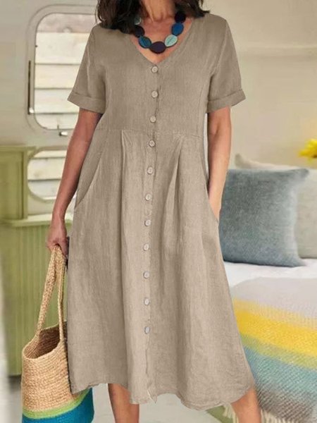 

Casual Plain Cotton Dress, Khaki, Dresses