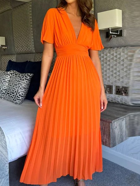 

Short sleeve Plain Regular Fit V Neck Elegant Dress, Orange, Maxi Dresses