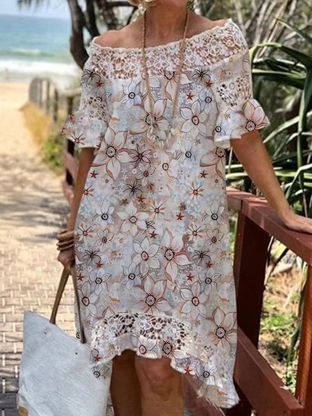 

Casual Floral Boat Neck Regular Fit Dress, Pink, Dresses