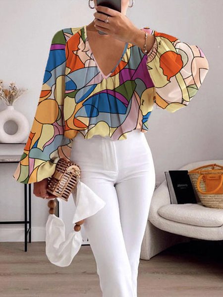 

Plus Size Daily Regular Fit V Neck Urban Colorblock Shirt, Yellow, Plus Tops