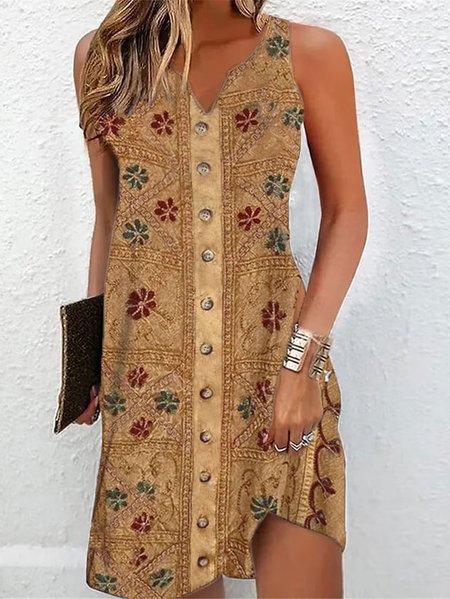 

Loose Ethnic Vintage V Neck Dress, Khaki, Dresses