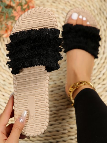 Vacation Fringe Beach Strap Slippers, Black, Slippers