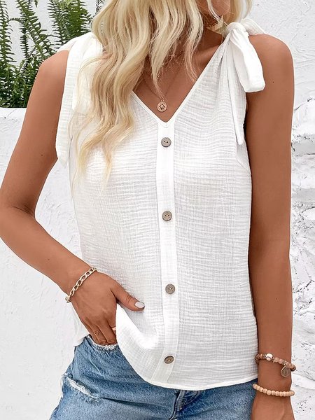 

Plain Casual Loose V Neck Tank Top, White, Tanks & Camis