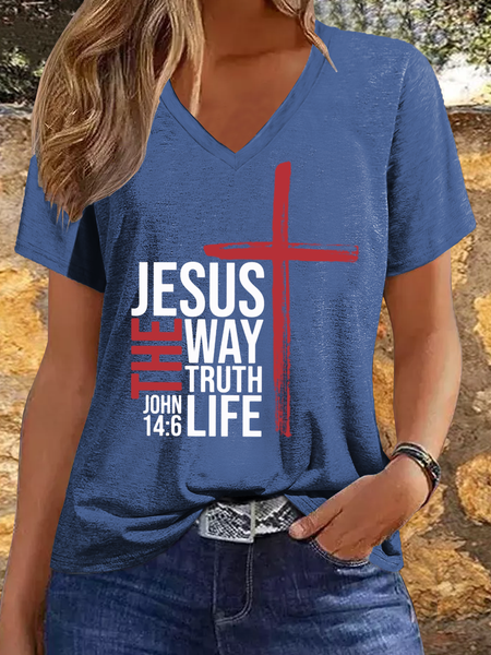 

Women's Jesus The Way Truth Life Text Letters V Neck Casual T-Shirt, Dark blue, T-shirts