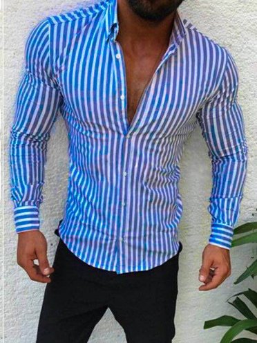 

Color Block Cotton-Blend Regular Sleeve Casual Shirt, Lake blue, Shirts ＆ Blouse