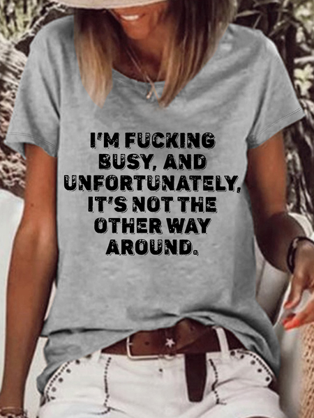 

Women's Funny Word I'm Busy Loose Cotton-Blend Casual T-Shirt, Gray, T-shirts