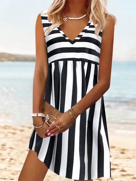 

Striped Casual V Neck Dress, Black, Dresses