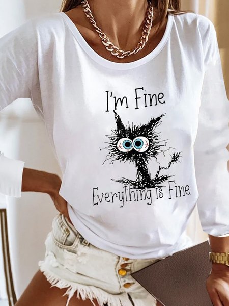 

Jersey Loose Casual Crew Neck T-Shirt, White, Long sleeves