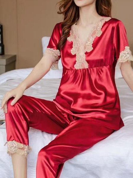 

Woman Elegant Comfortable Silky Sexy Lace Silk V Neck Pajama Set, Red, Loungewear & Sleepwear