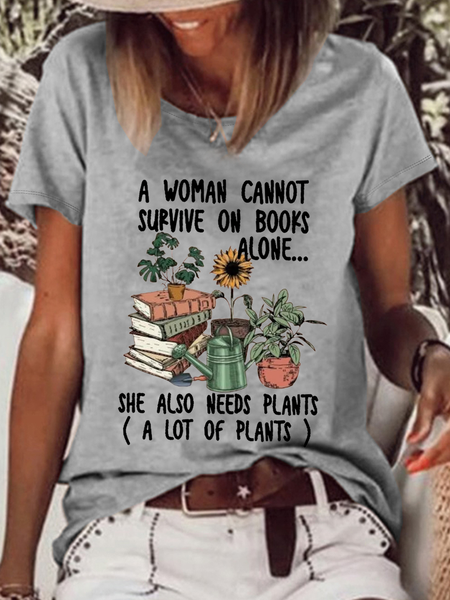 

Women's Plant Lover And Book Lover Crew Neck Casual T-Shirt, Gray, T-shirts