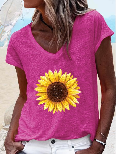 

Women's Sunflower V Neck Casual T-Shirt, Rose red, T-shirts