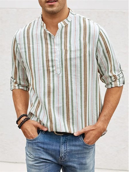 

Casual Stand Collar Color Block Regular Sleeve Shirt, As picture, Shirts ＆ Blouse