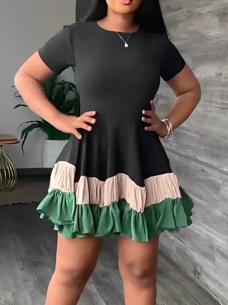 

Color Block Urban Tight Crew Neck Mini Dress With No Belt, Black, Mini Dresses