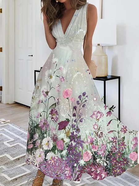 

Casual Floral Regular Fit V Neck Dress, Purple, Dresses