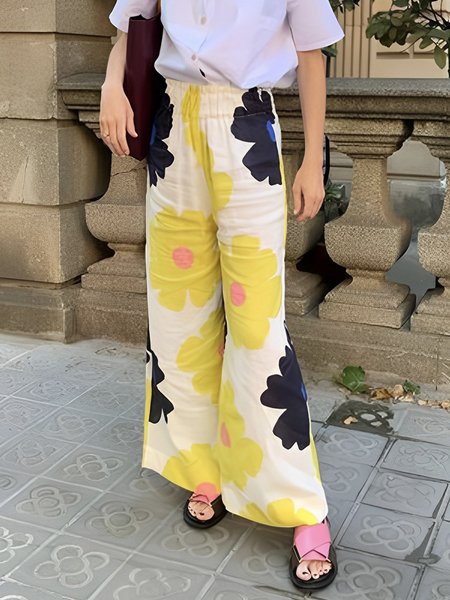 

Floral Regular Fit Vacation Fashion Pants, Yellow, Pants