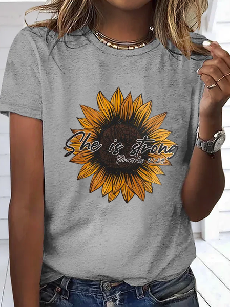 

Women's She Is Strong Sunflower Cotton Simple T-Shirt, Light gray, T-shirts