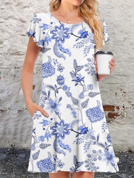 

Casual Floral Regular Fit Crew Neck Dress, Grey-blue, Dresses