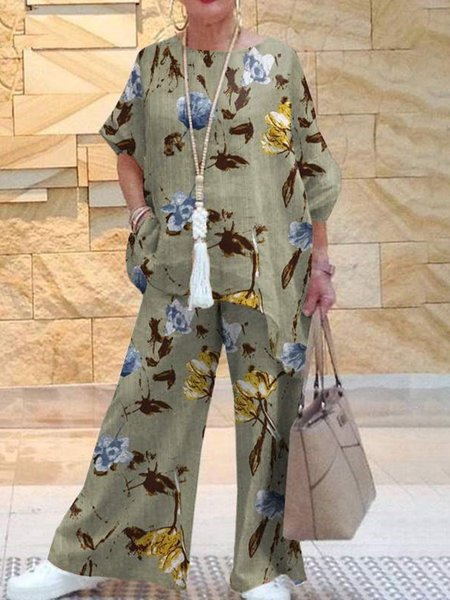 

Casual Floral Regular Fit Crew Neck Two-Piece Set, Green, Suit Set