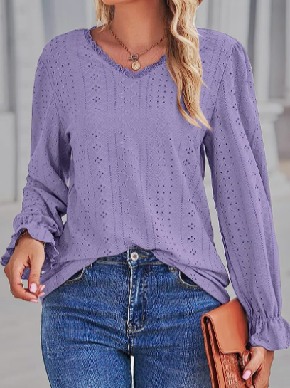 

Loose V Neck Plain Casual T-Shirt, Purple, T-Shirts
