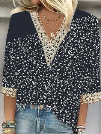 

Floral Casual V Neck Loose Shirt, Blue, Shirts & Blouses