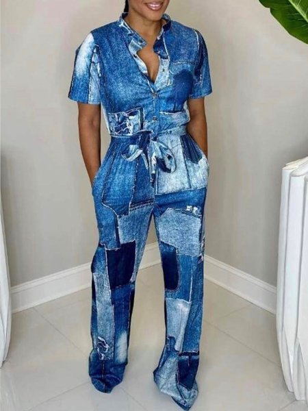 Urban Contrast Stitching Faux Denim Short Sleeve Jumpsuit, Blue, Jumpsuits