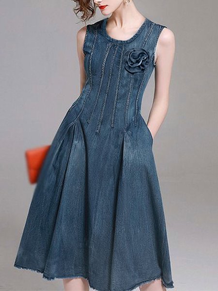 

Crew Neck Plain Regular Fit Elegant Denim Dress, Blue, Midi Dresses