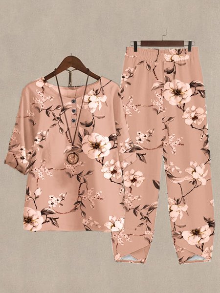 

Casual Floral Crew Neck Loose Two-Piece Set, Pink, Suit Set