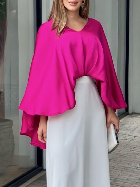 

Loose V Neck Plain Urban Long Sleeve Shirt, Rose red, Blouses and Shirts
