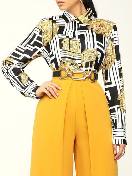 

Regular Fit Urban Shirt Collar Geometric Blouse, White, Blouses and Shirts