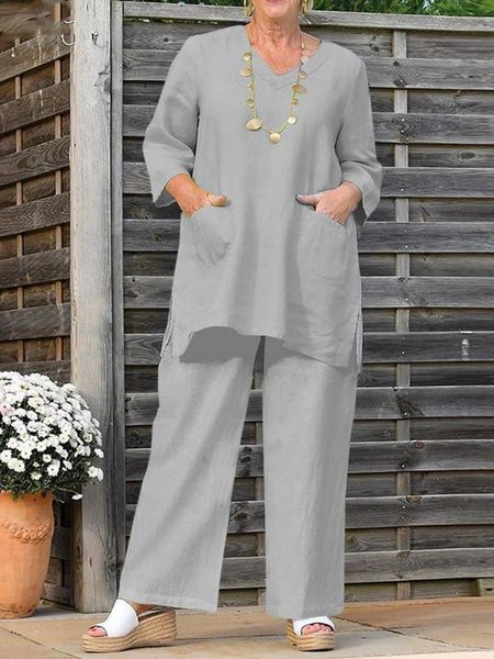 

Casual Plain Regular Fit V Neck Two-Piece Set, Light gray, Suit Set