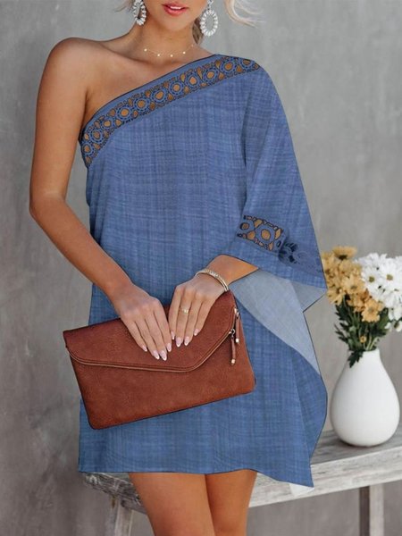 

Elegant Plain Lace Edge Cold Shoulder Faux Denim Dress, Blue, Mini Dresses
