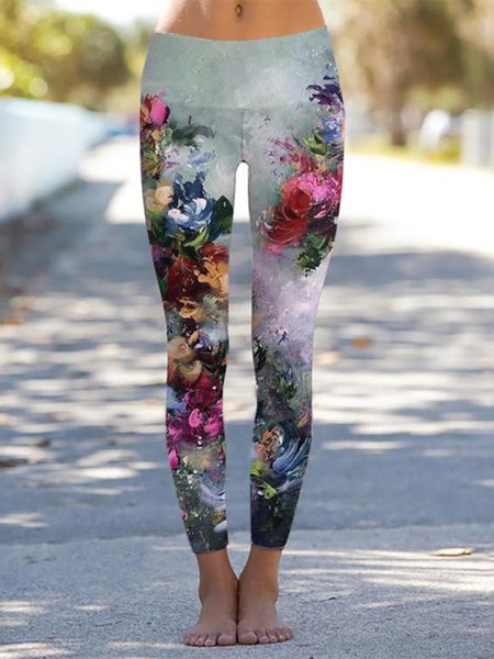 

Casual Floral Regular Fit Leggings, Aqua, Leggings