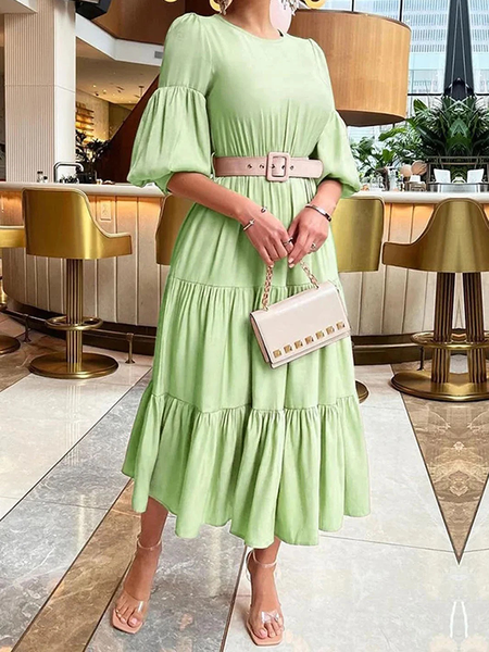 

Elegant Crew Neck Short sleeve Plain Regular Fit Dress With No Belt, Green, Midi Dresses