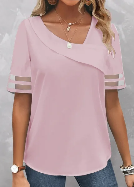 

Women Casual Asymmetrical Neck Plain Loose Short Sleeve Tunic Top, Pink, Tunics