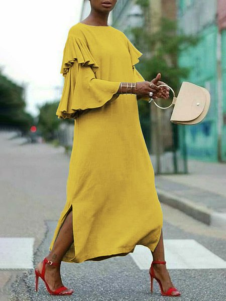 

Loose Crew Neck Plain Urban Dress, Yellow, Maxi Dresses