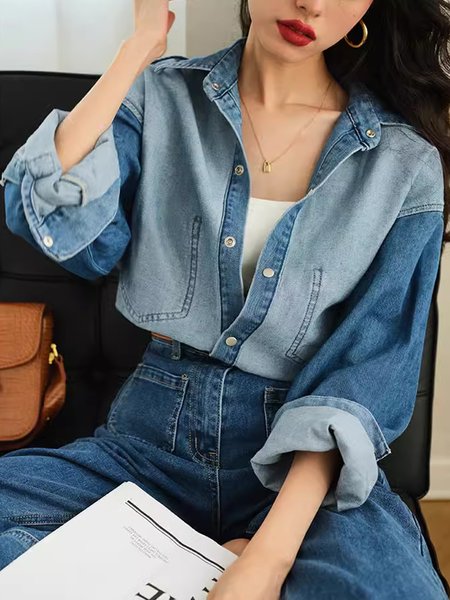

Regular Fit Casual Color Block Shirt Collar Blouse, Blue, Blouses and Shirts