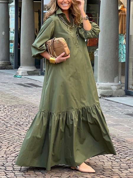 

Urban Loose Plain Shirt Collar Dress, Army green, Maxi Dresses