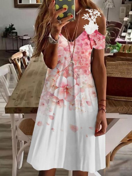 

Casual Floral V Neck Regular Fit Dress, Pink, Dresses