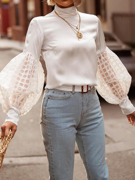 

Regular Fit Elegant Half Turtleneck Long sleeve Plain Shirt, White, Blouses and Shirts